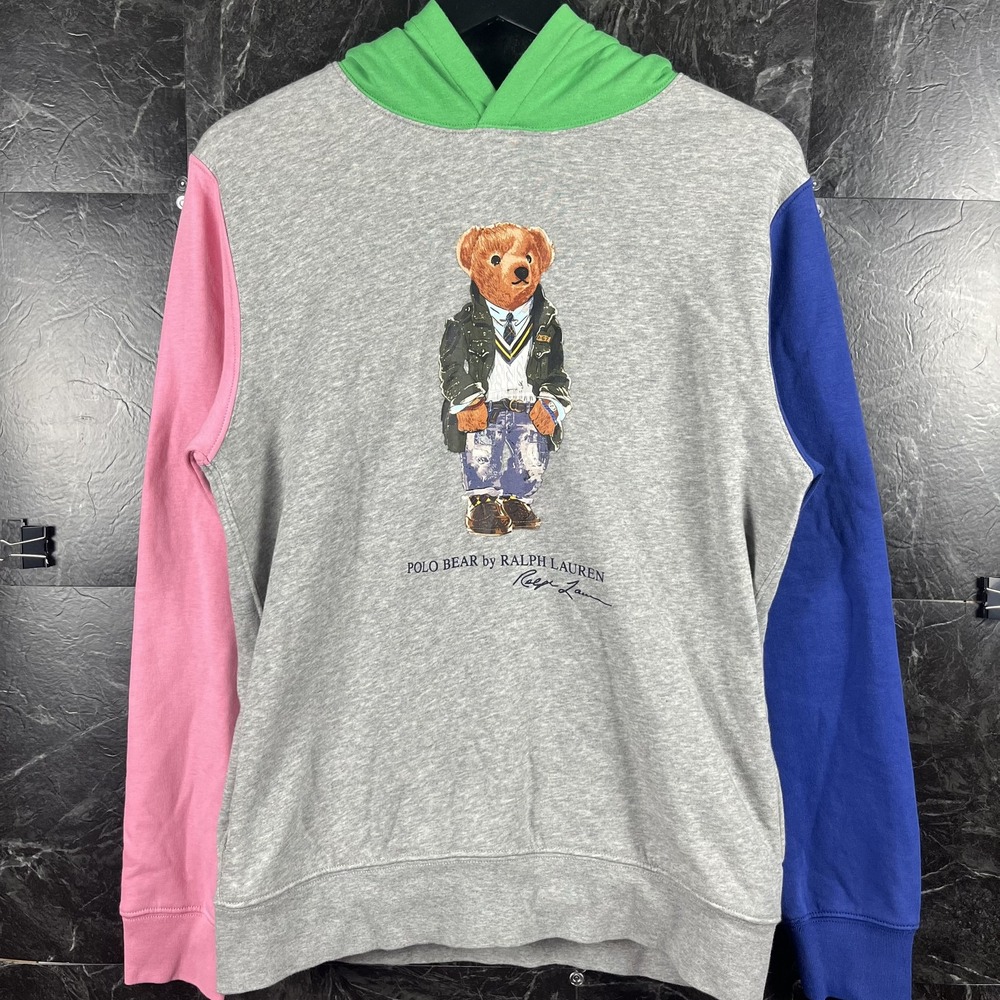 Polo Ralph Lauren Boy's Color Block Polo Bear Fleece Hoodie XL (Women's Small)
